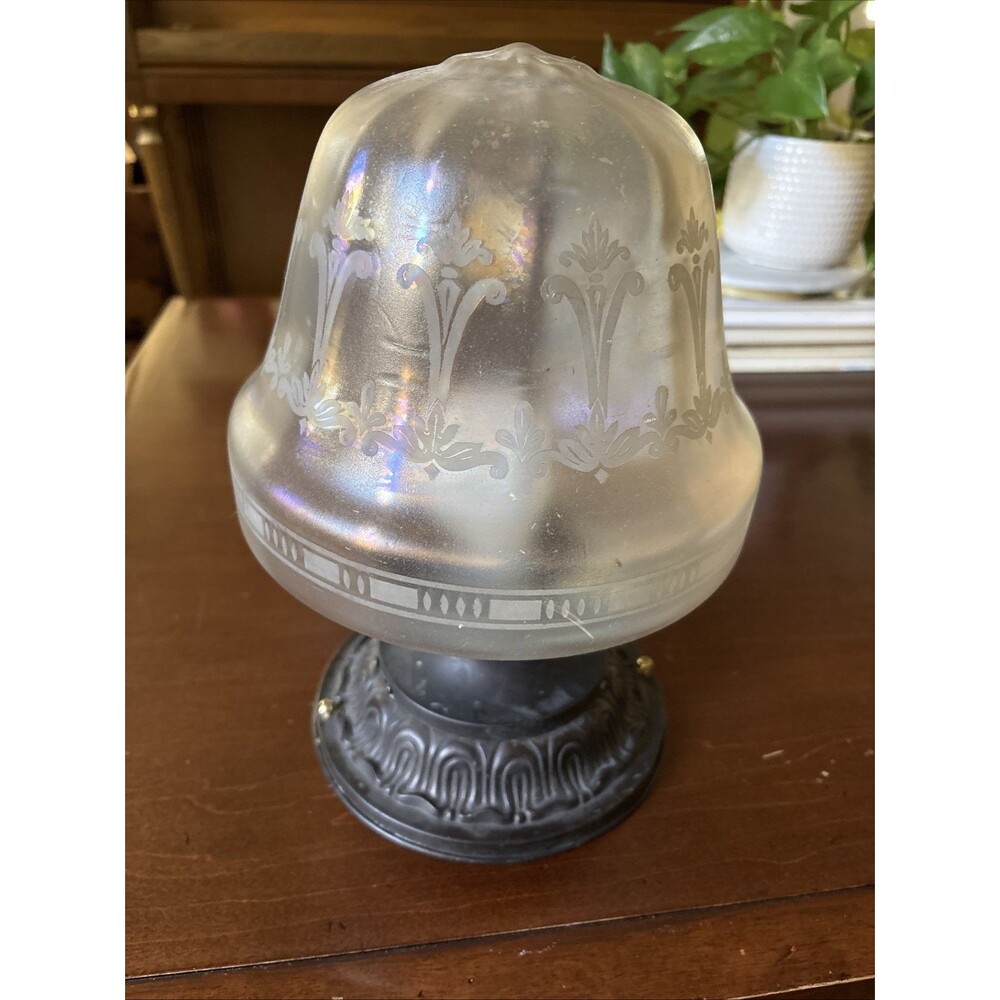 Antique Art Nouveau Victorian Ceiling Light Fixture Etched Iridescent Glass 11”